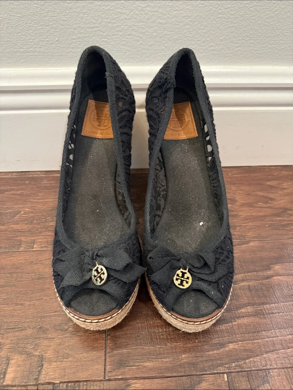 Tory Burch Black Lace Espadrille Wedge Flats with Logo Charm